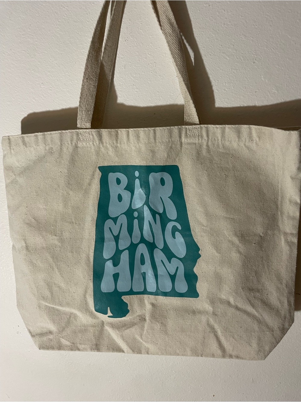 Canvas Tote Bag in Natural with Teal Birmingham Print